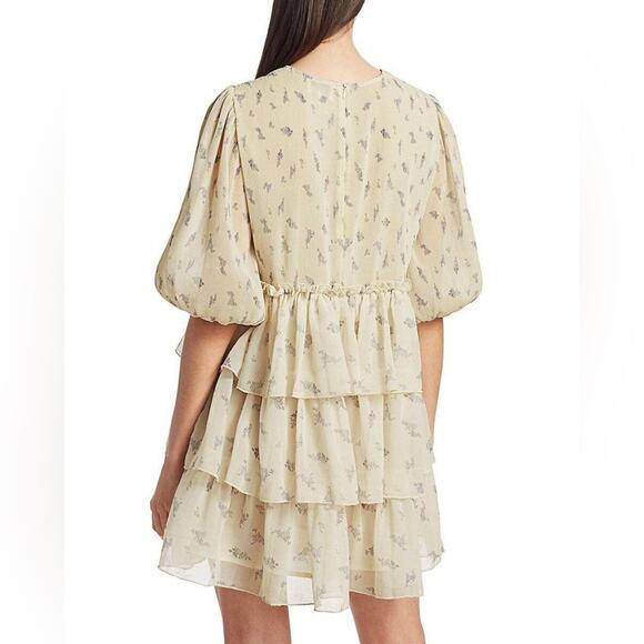 GANNI Size 40/ US Large Floral Print Pleated Georgette Babydoll Mini Dress - Picture 3 of 14